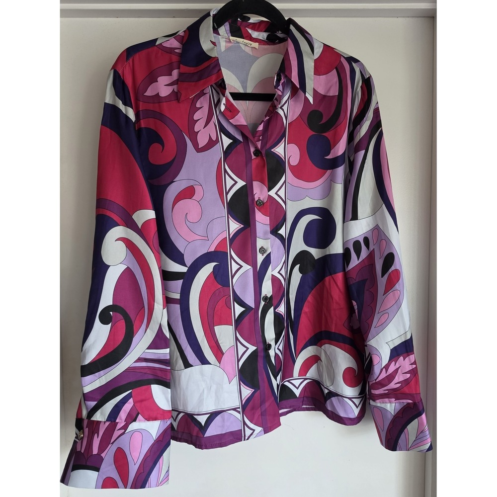 SundayUp Blouse Womens L Multicolor Abstract Long Sleeve Retro Shirt 70s Style